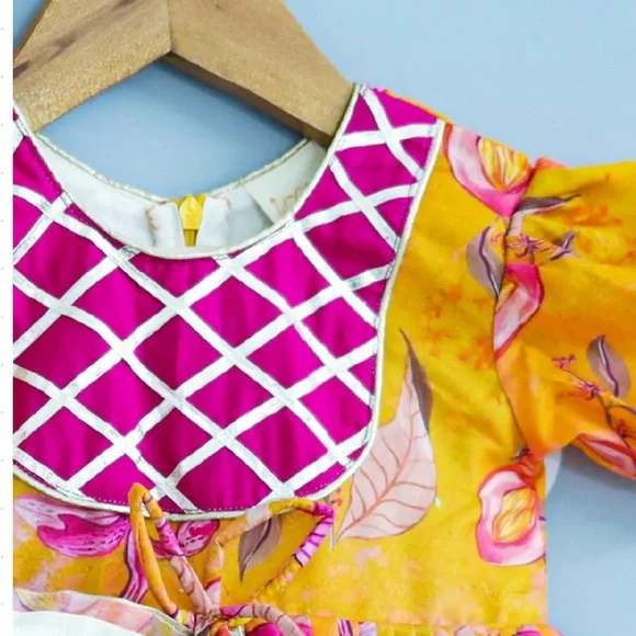 RARE Lil Glam - Orange Floral Printed & Lace Detailing Peplum Top - Size 1-2 - Picture 4 of 9